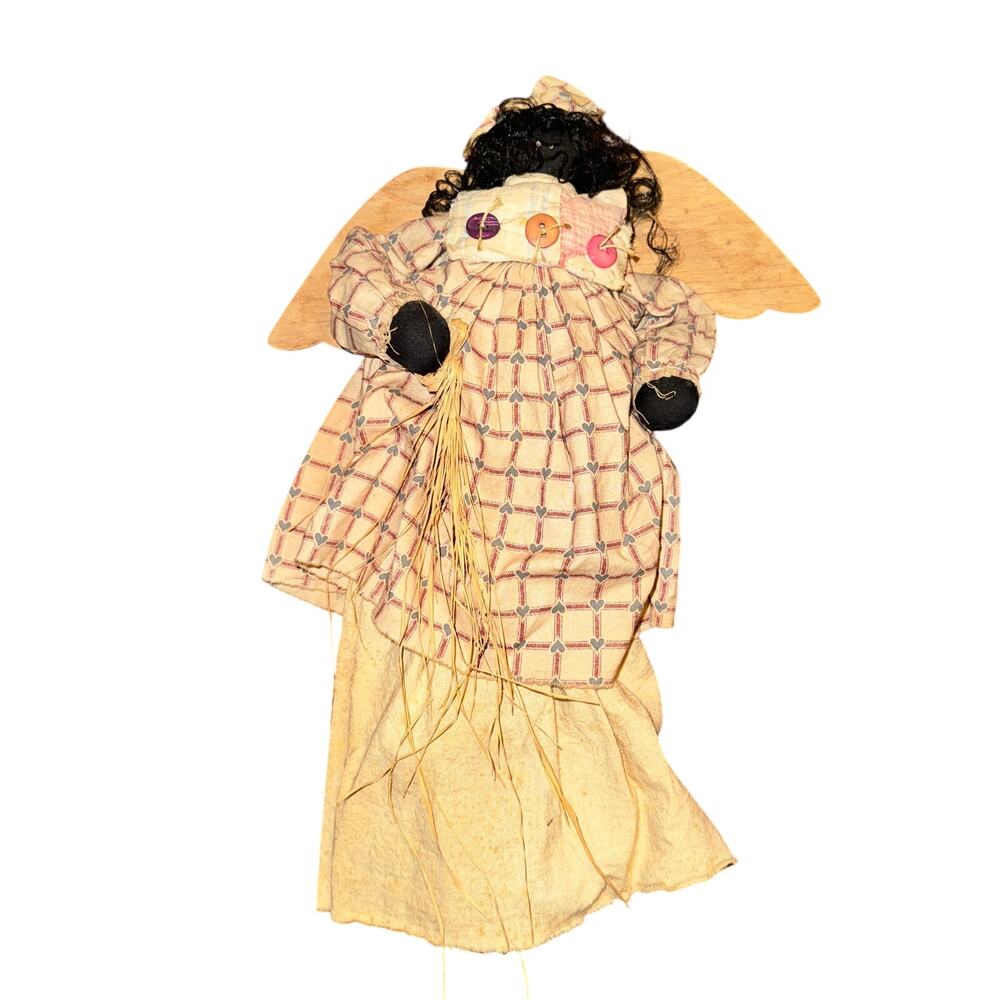 Vtg Hanging Angel Americana Hand Made Cloth Curly Hair Wooden Wings Soft Body